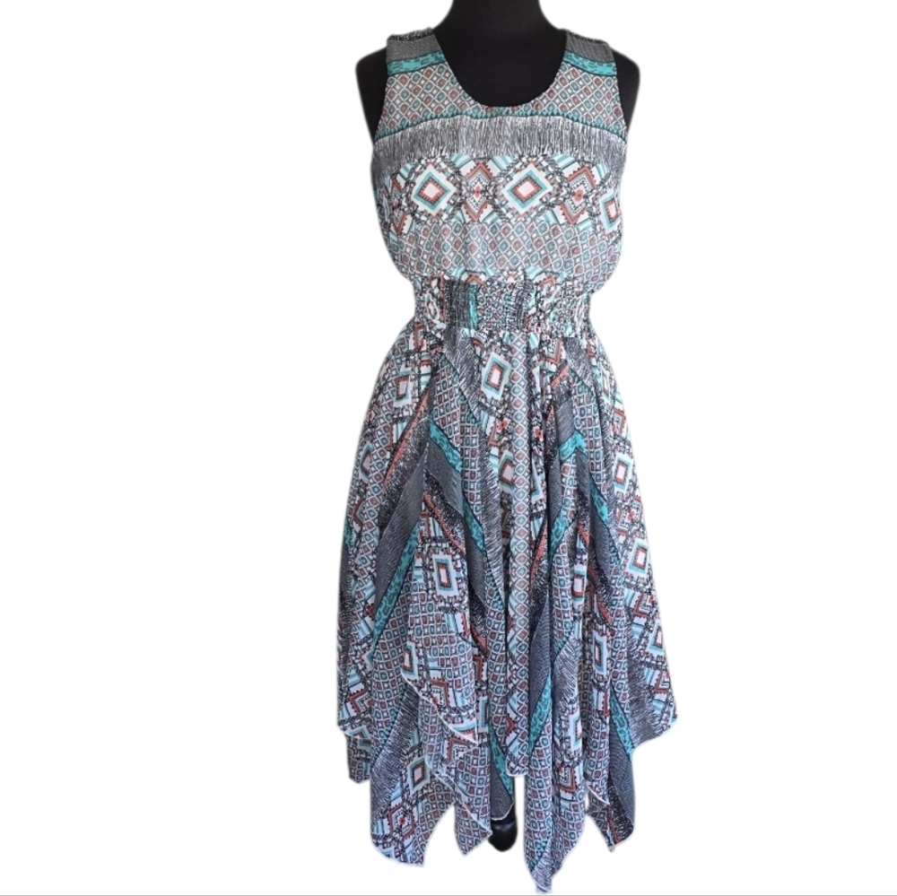 Printed Sleeveless Midi Dress in Teal and Coral